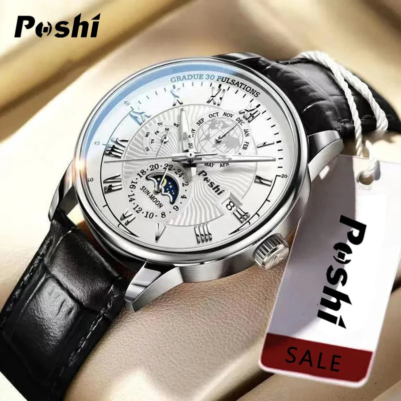 Swiss Brand POSHI Men Watch Fashion Top Luxury Sport Men's Wristwatch Waterproof Luminous Leather Date Quartz Watches Man clock