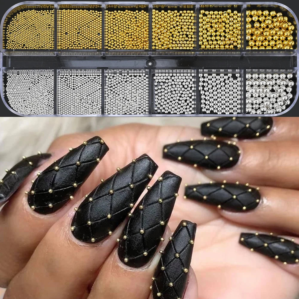 12 Grids 3D Golden Silvery Half Round Caviar Bead Nail Charms 1-5mm Flatback Micro Balls Punk Nail Beads DIY Manicure Beads Deco