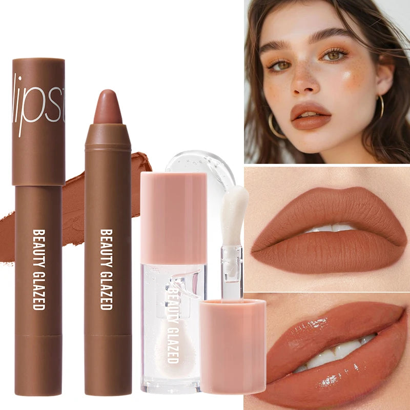 BEAUTY GLAZED 2pcs Lip Makeup Set,Matte Lipstick + Moisturizing Lip Oil,Nude Lipstick Matte Lipstick: Hydrate, Nourish, Brighten