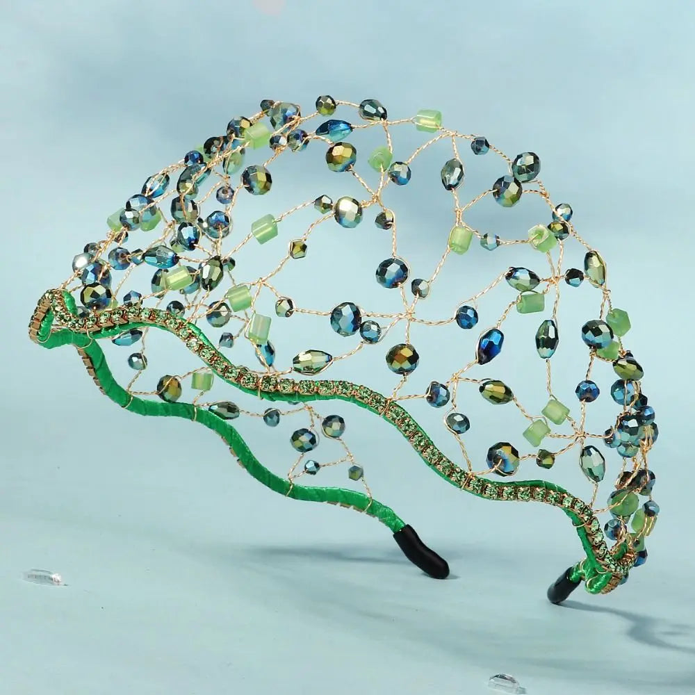 Handmade Crystal Beads Hair Net Crown Wedding Headpieces Hair Jewelry Sparkling Rhinestone Tiara Hair Hoop Elegant Headbands