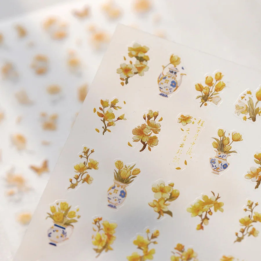 Yellow Autumn Osmanthus Flower Chrysanthemum Butterfly 5D Nail Art Sticker Chinese Character Vase Relief Adhesive Manicure Decal