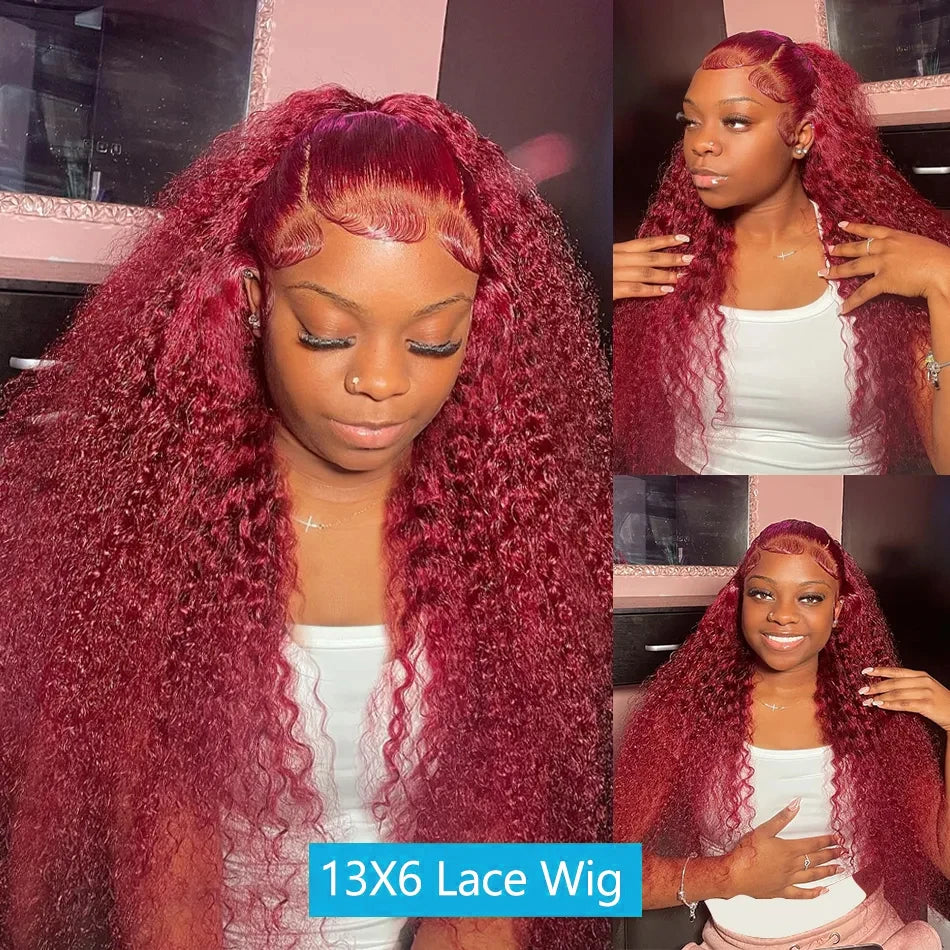 Curly Burgundy 13x6 Hd Lace Front Human Hair Wig Red Wigs For Women Transparent Lace 5x5 13x4 Deep Wave Frontal Wig 99j