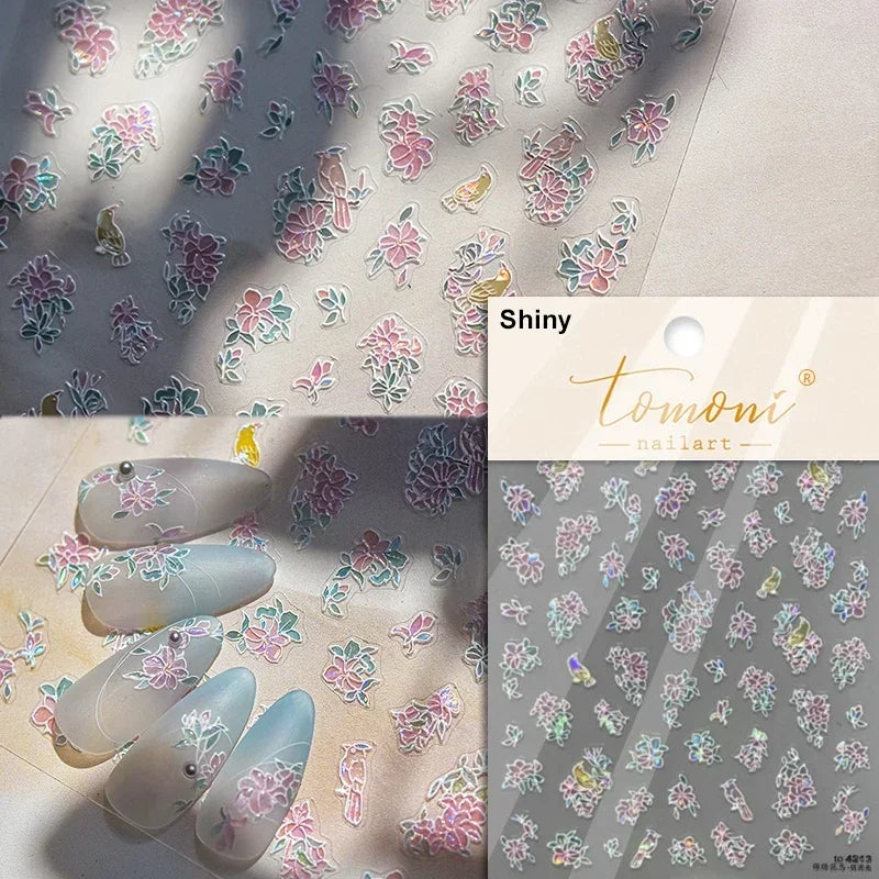 Yellow Autumn Osmanthus Flower Chrysanthemum Butterfly 5D Nail Art Sticker Chinese Character Vase Relief Adhesive Manicure Decal