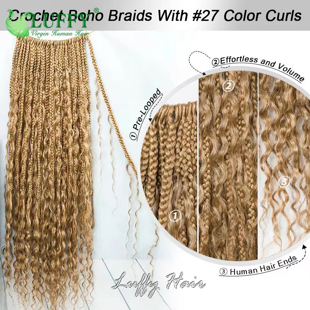 Boho Box Braids Crochet Human Hair Curls #27 Honey Blonde Pre Looped Crochet Braids With Human Hair Deep Curly