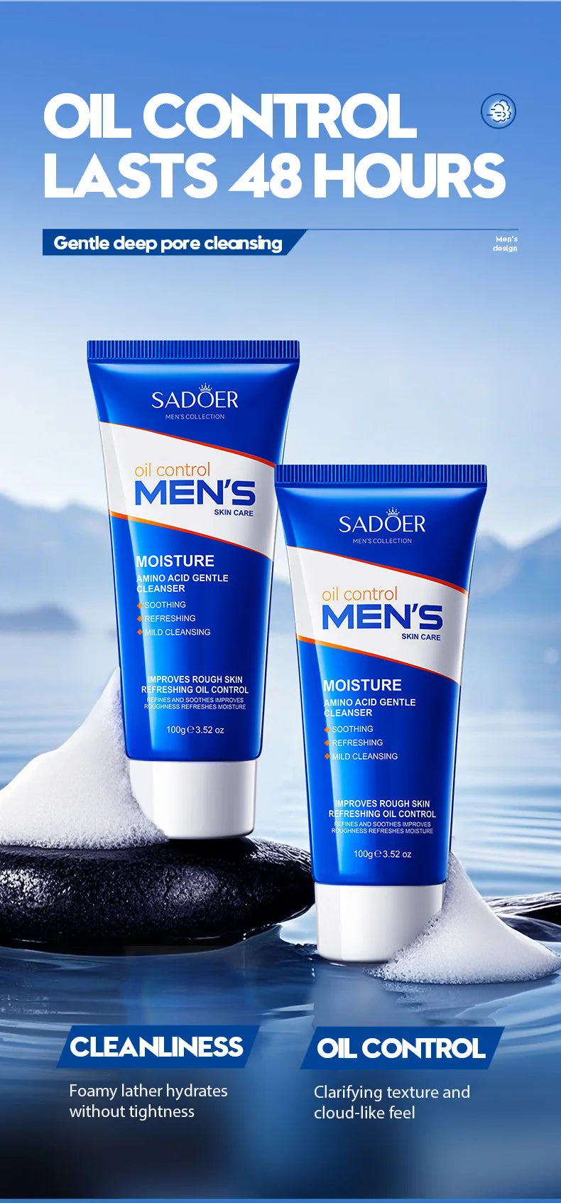 SADOER Men's Facial Cleanser Face Wash Foam Face Cleanser Oil Control Anti Acne Hydrating Moisturizing Men Skin Care Products