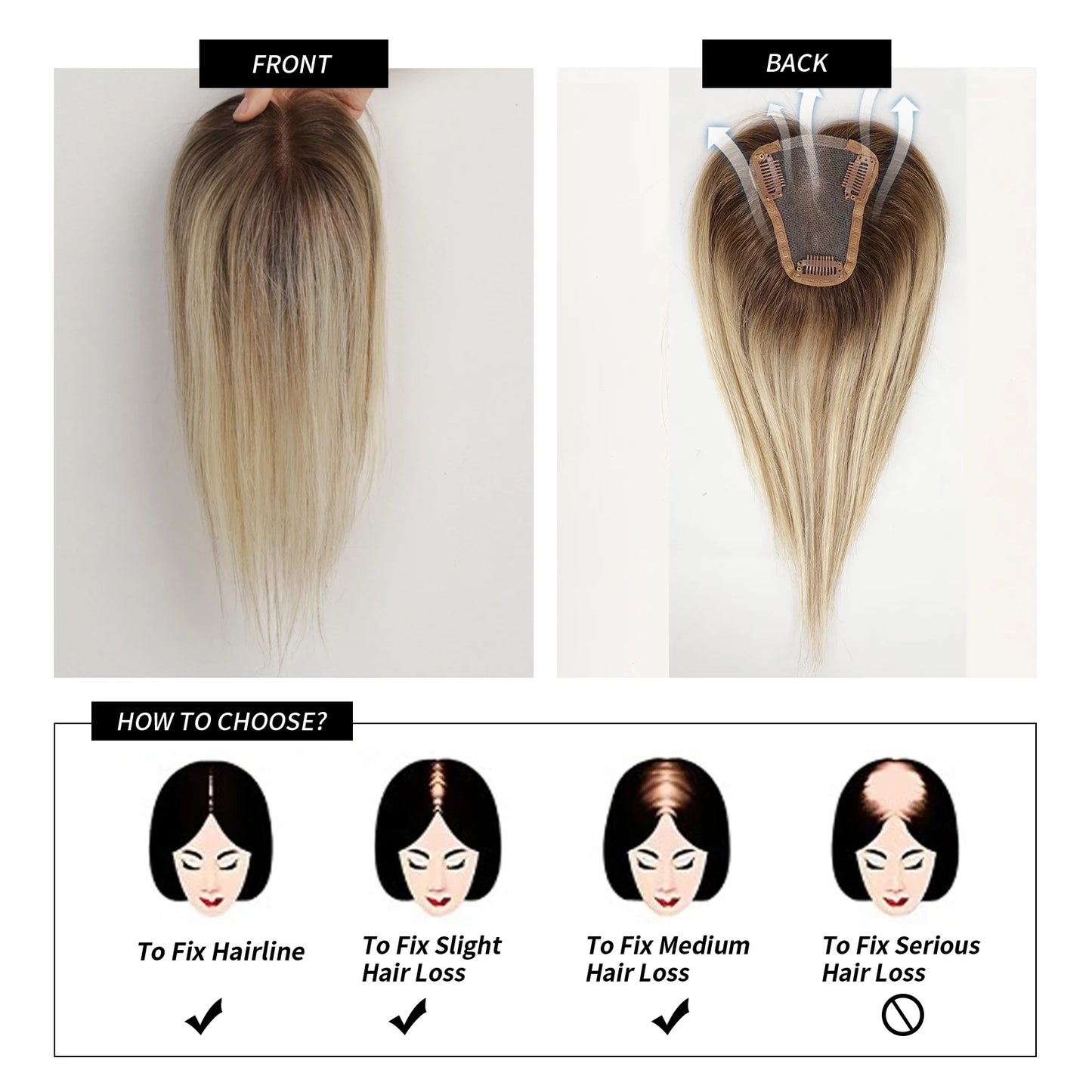 Women Human Hair Toppers Middle Part Ombre Light Brown Blonde Human Toupee Hair Pieces with Thinning Hair Base Clip in Toppers