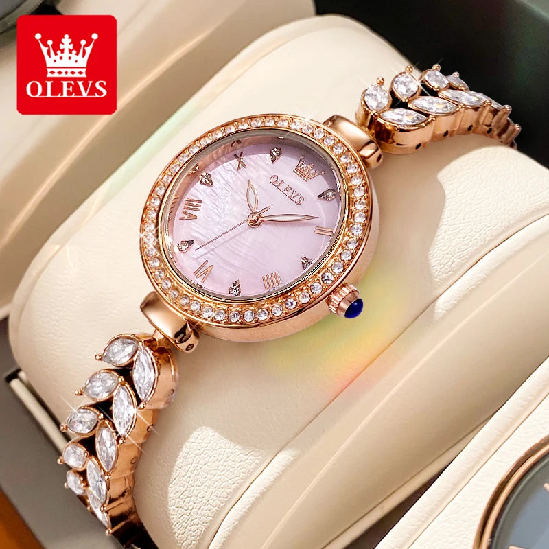 OLEVS 9971 Diamond Fishbone Women  Watch Luxury Brand Quartz Watch Elegant Bracelet Set Gift Box Waterproof HD Dial Women Watch