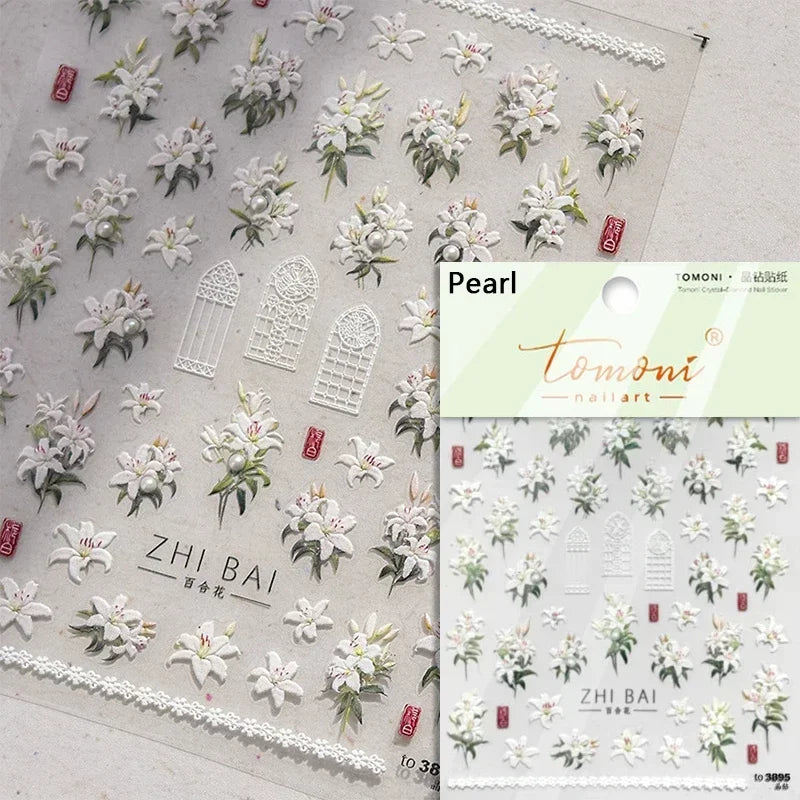 Yellow Autumn Osmanthus Flower Chrysanthemum Butterfly 5D Nail Art Sticker Chinese Character Vase Relief Adhesive Manicure Decal