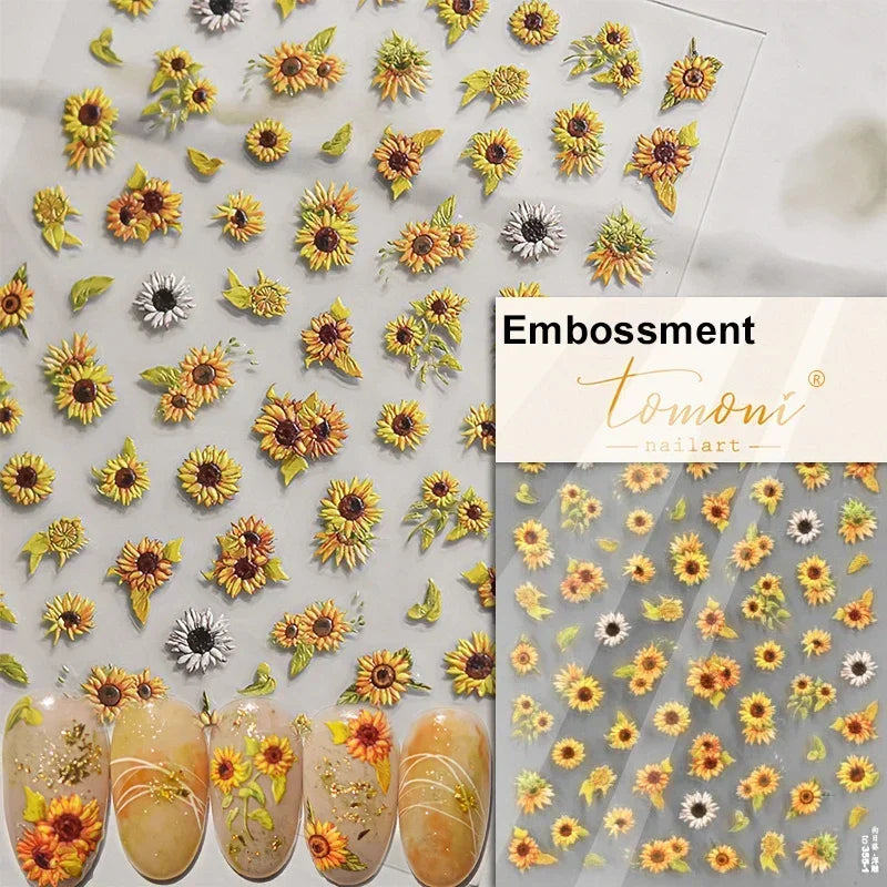 Yellow Autumn Osmanthus Flower Chrysanthemum Butterfly 5D Nail Art Sticker Chinese Character Vase Relief Adhesive Manicure Decal