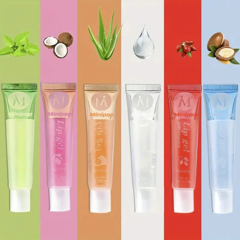 Moisturizing Transparent Lip Gloss, VE, Rosehip, Argan, Mint, Aloe, Coconut Flavors, Transparent Lip Plumping Oil Gift Set