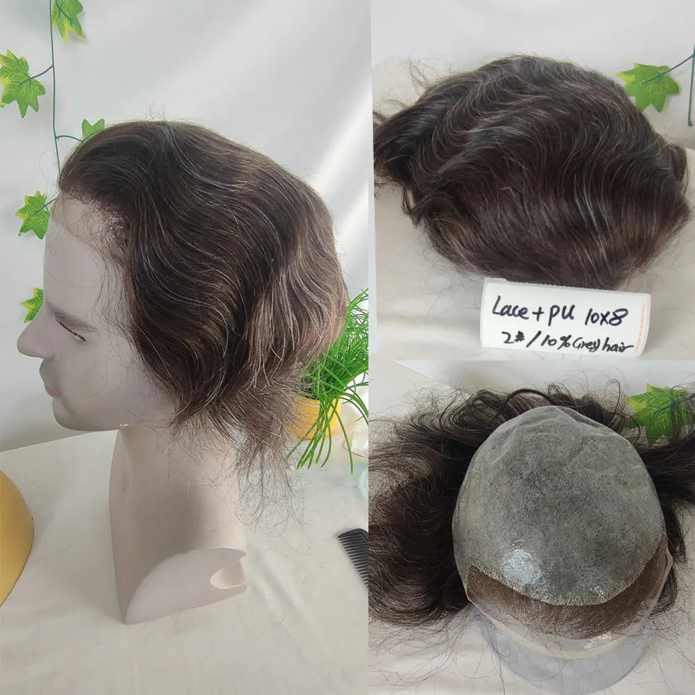 Human Hair Men Toupee Franch Lace Man's Hair Replacement System Wigs Mono Lace Hairpiece With PU Natural Black Color