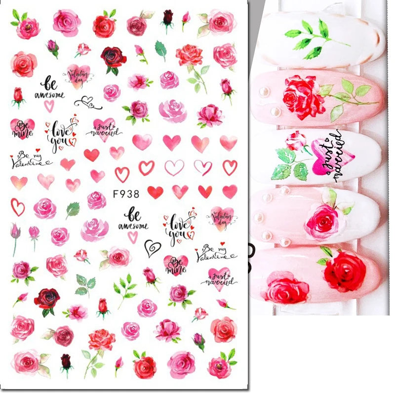3d Pink Hearts Balloon Valentine Day Love Letters Nail Art Stickers Adhesive Sliders Nail Decals Decoration Manicure Accessories