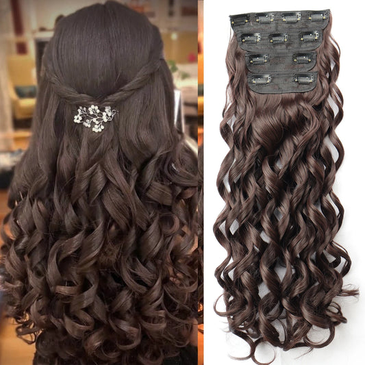 4PCS Clip-In Hair Extensions 20 Inch - Bouncy Wavy Dark Brown Hairpiece