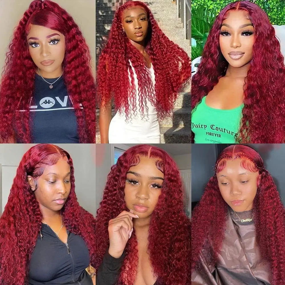 Curly Burgundy 13x6 Hd Lace Front Human Hair Wig Red Wigs For Women Transparent Lace 5x5 13x4 Deep Wave Frontal Wig 99j