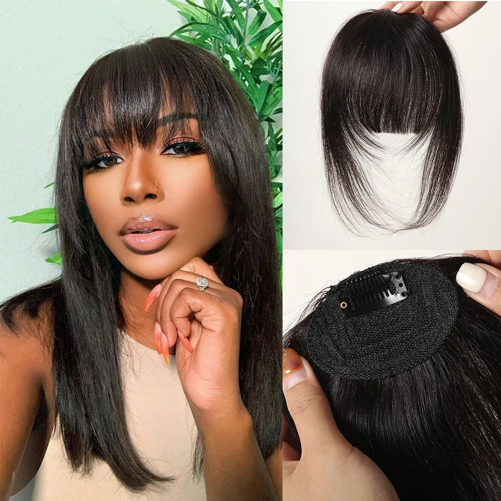 Human Hair Bangs Fringe Hairpieces Blunt Cut Natural Air Bangs Over Head Clip In Hair Extensions Black Brown Remy Hair for Women