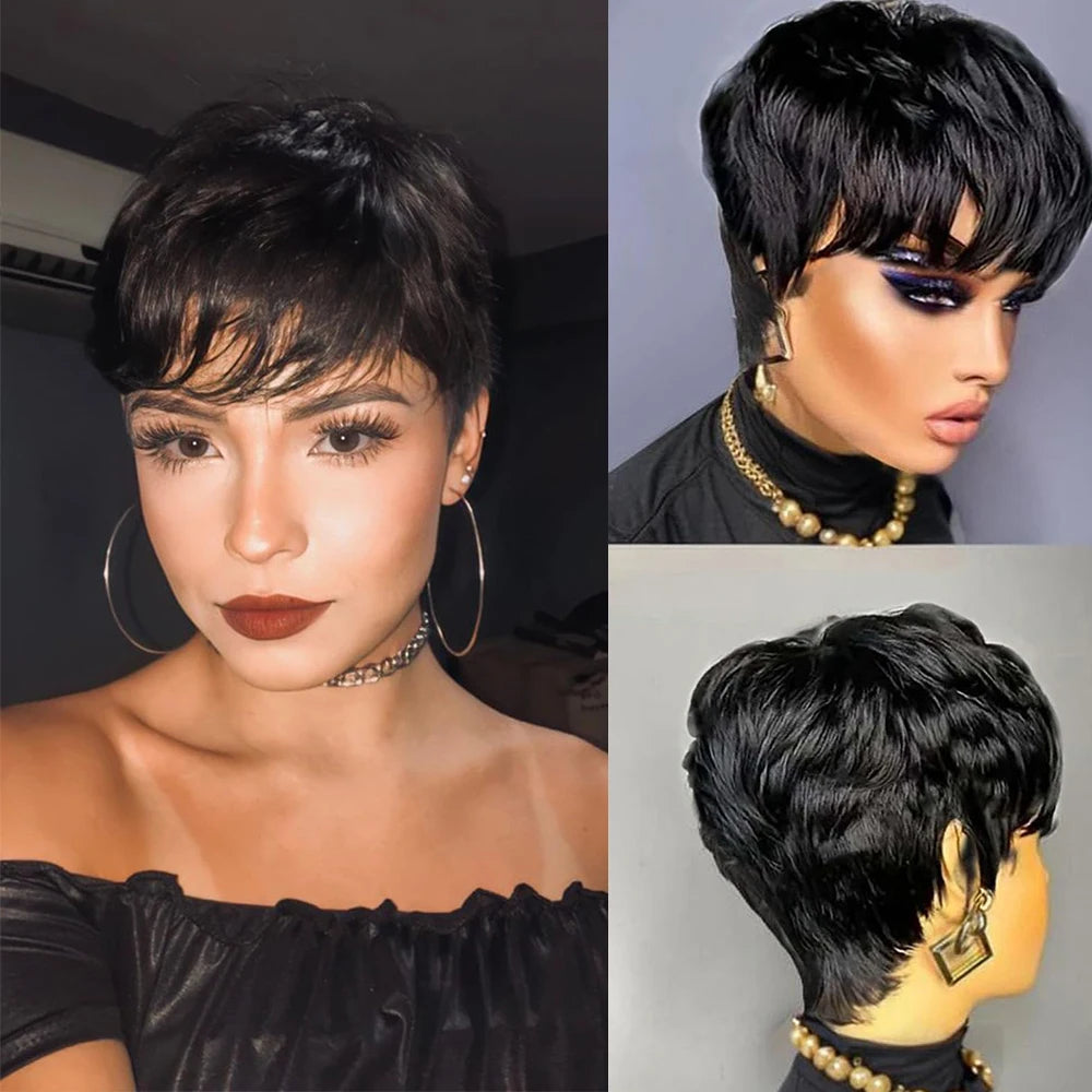 Pixie Cut Human Hair Wig 6" - Glueless Layered Straight for Women