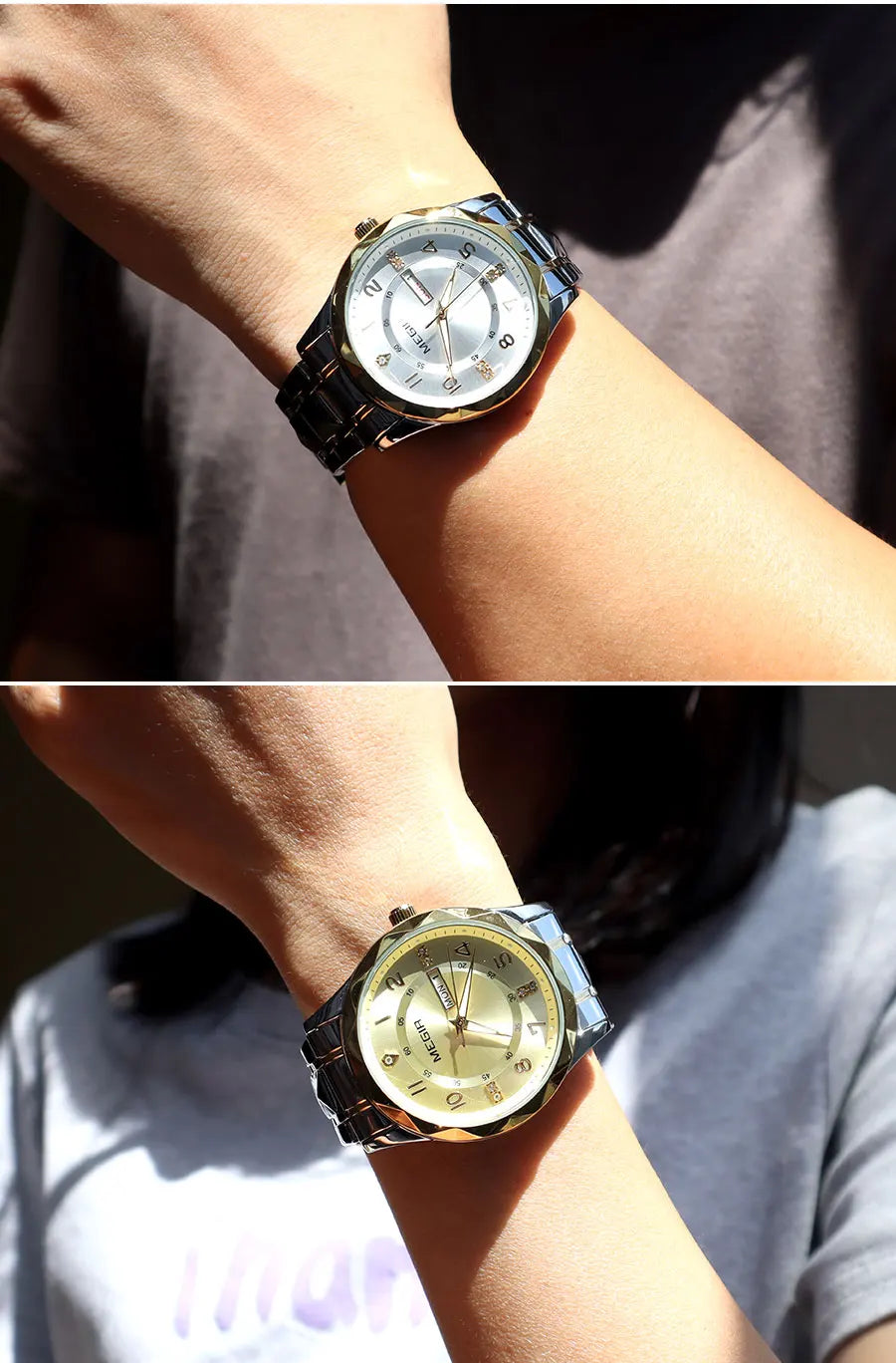 MEGIR Elegant Simple Style Men Quartz Watch with Date Day Display Fashion Stainless Steel Strap Alloy Case Ladies Wristwatch