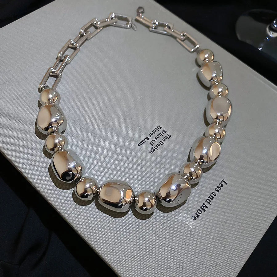 Minar Punk Irregular Metallic ABS Beads Strand Beaded Necklace for Women Silver Plated Metal Alloy Hollow Link Chain Chokers