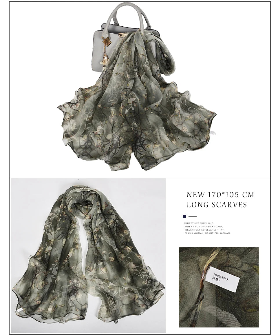 [BYSIFA] Red Black Women Long Silk Scarf Printed 170*105cm Fashion Leaves Pattern Brand 100% Pure Silk Shawl For Spring Autumn