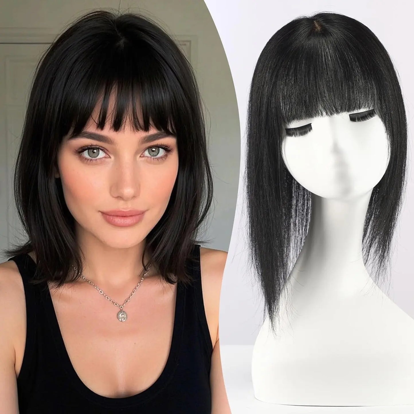 Brown Mixed Blonde Human Hair Topper with Bangs Natural Silk Straight Clip in Hair Extensions for Women with Thinning Hair 12 In