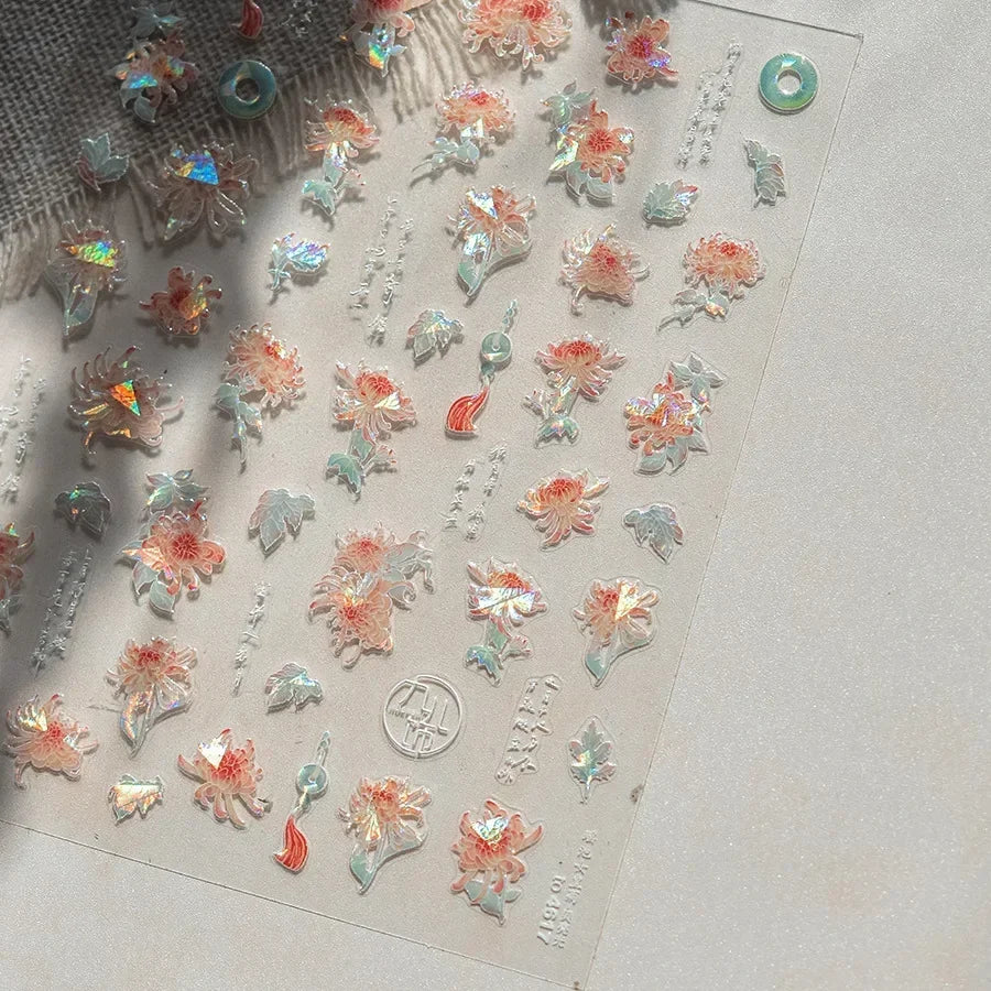 Yellow Autumn Osmanthus Flower Chrysanthemum Butterfly 5D Nail Art Sticker Chinese Character Vase Relief Adhesive Manicure Decal