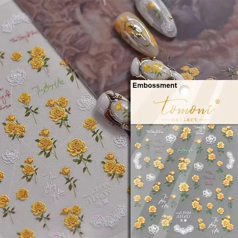 Yellow Autumn Osmanthus Flower Chrysanthemum Butterfly 5D Nail Art Sticker Chinese Character Vase Relief Adhesive Manicure Decal