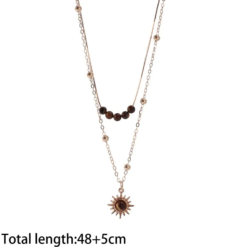 Bohemian Sun Star Zircon Necklace for Women Vintage Leather Necklace Double Layered Pendant Chain Choker Fashion Gem Jewelry