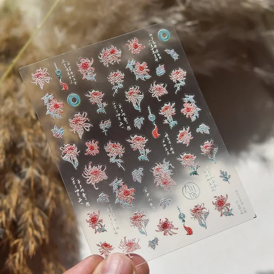 Yellow Autumn Osmanthus Flower Chrysanthemum Butterfly 5D Nail Art Sticker Chinese Character Vase Relief Adhesive Manicure Decal