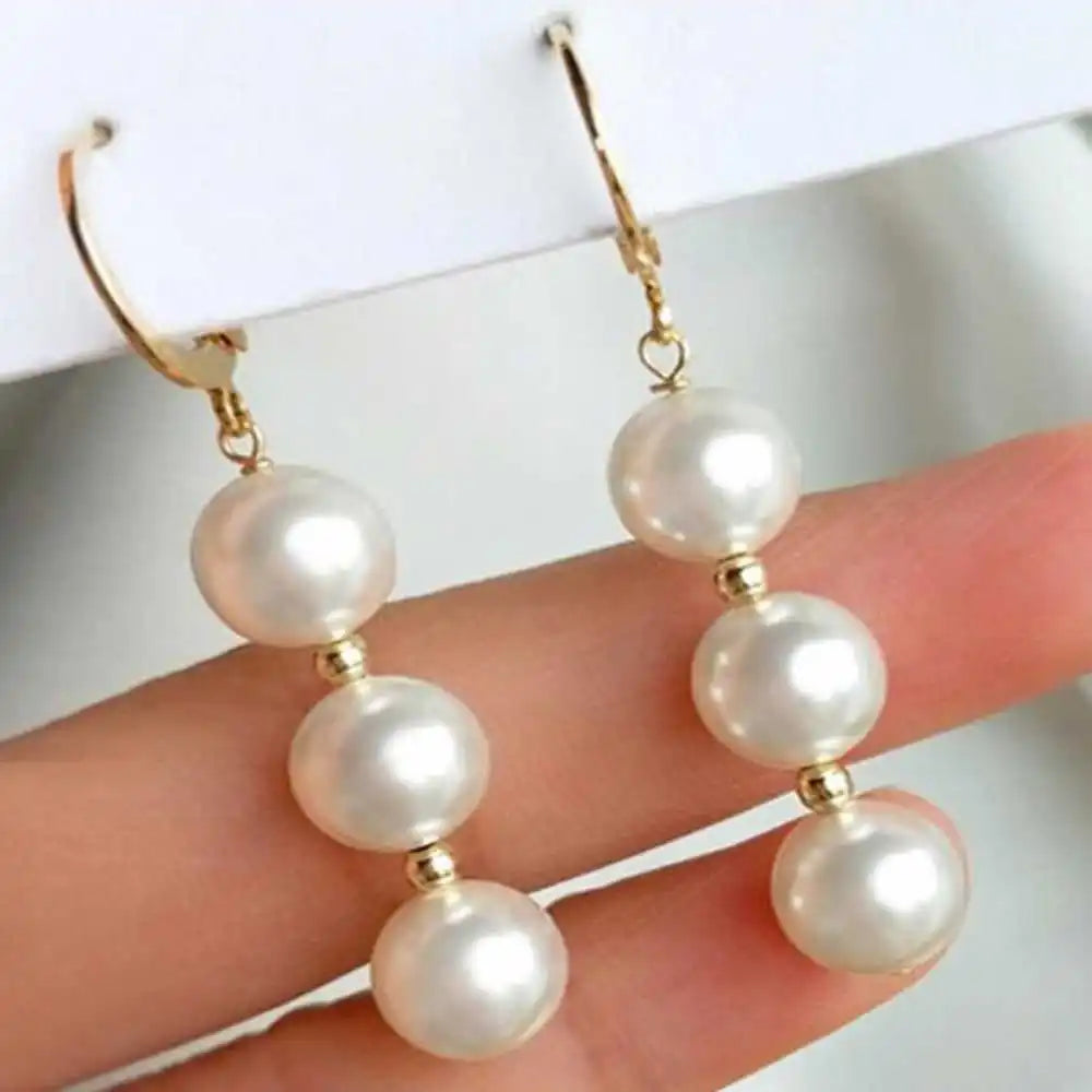 Highlights 8MM White Shell Pearl Earrings 18K Thanksgiving Gift Wedding Hook New Year Accessories Classic Mother's Day