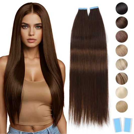 Tape in Human Hair Extensions Brown Seamless Tape in Hair Extensions Skin Weft PU Tape On Hair 12"-24" Machine Remy Tape ins