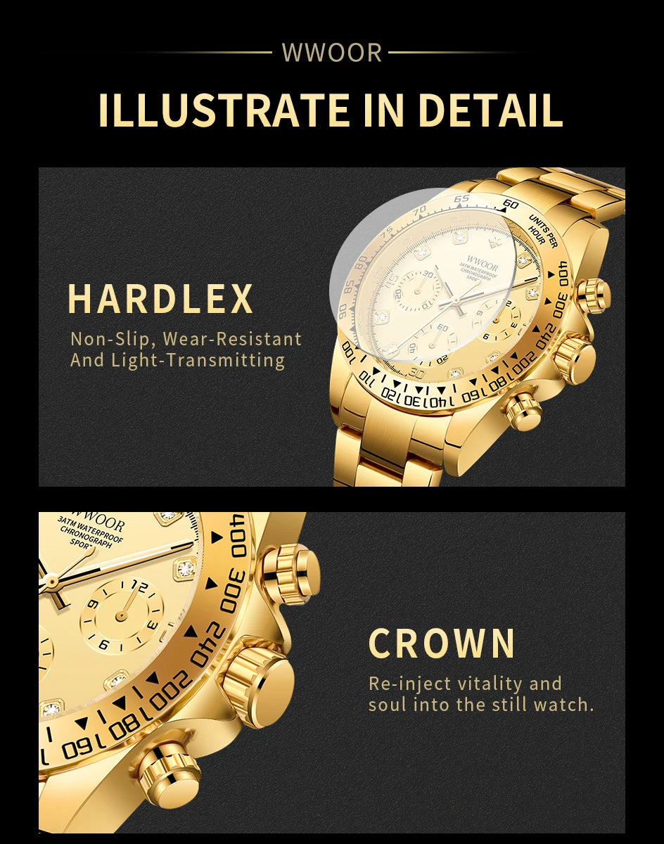 WWOOR 2024 New Mens Watches Top Brand Quartz Japanese Chronograph Stopwatch Waterproof Stainless Wristwatches Relogio Masculino