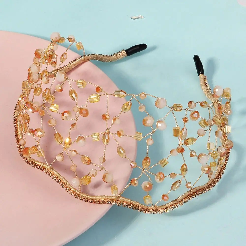Handmade Crystal Beads Hair Net Crown Wedding Headpieces Hair Jewelry Sparkling Rhinestone Tiara Hair Hoop Elegant Headbands