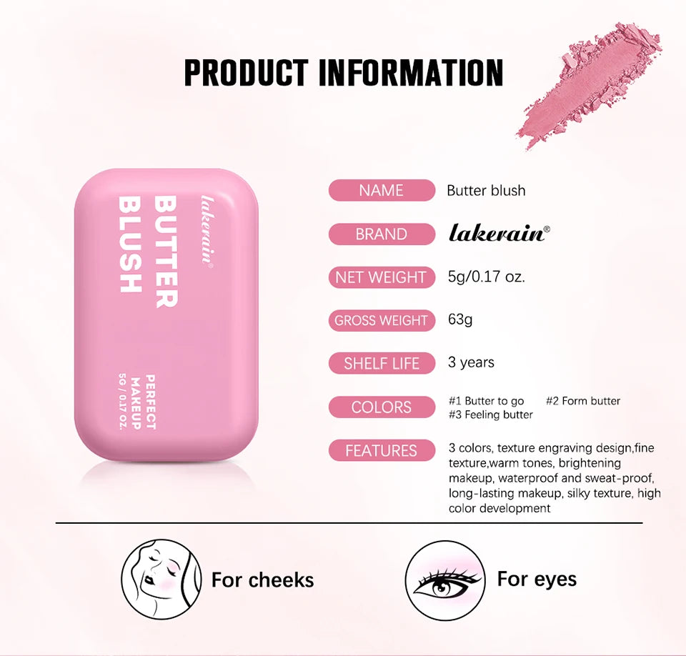Single Color Butter Blush Matte Natural Cheek Tint Waterproof Face Contouring Cosmetics Blush Powder Face Soft Female Makeup