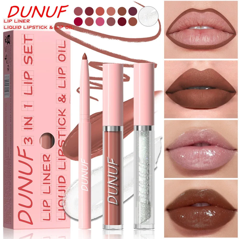 DUNUF 3 In 1 Matte Lipglaze Lip Liner Moisturize Clear Lip Oil Set Cosmetics Waterproof Long lasting Plumer Mirror Lips Gloss