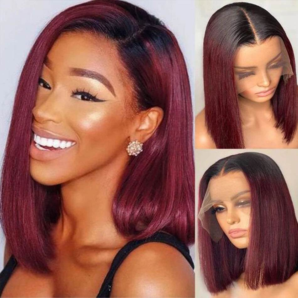 Bone Straight Short Bob Wig Human Hair Wigs For Women Burgundy 13X4 Lace Front Wigs 99J Bob Wig Brazilian Human Hair Pre Plucked