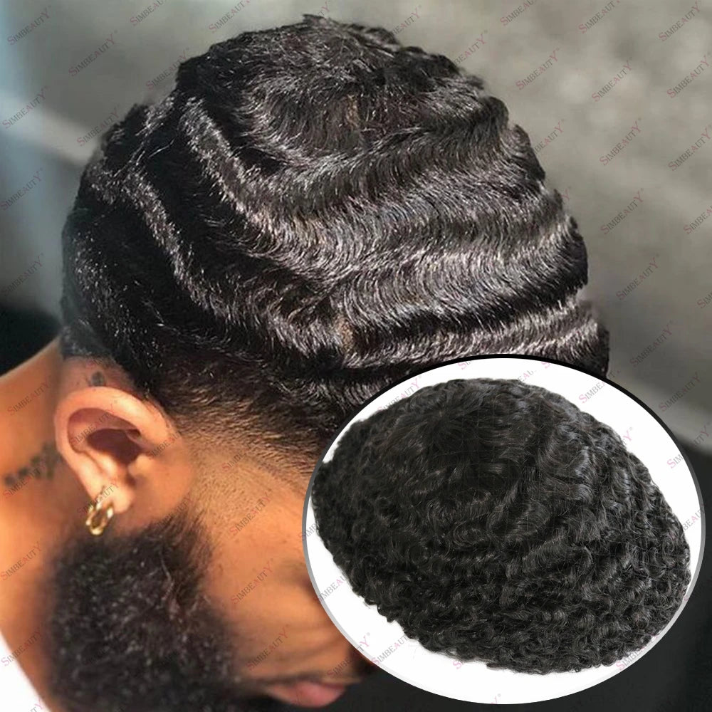 Afro Men Deep Wave 15mm 360 Weaves 100% Human Hair Toupee Hair Replacement Capillary Prosthesis MONO/POLY Base for Options Wig