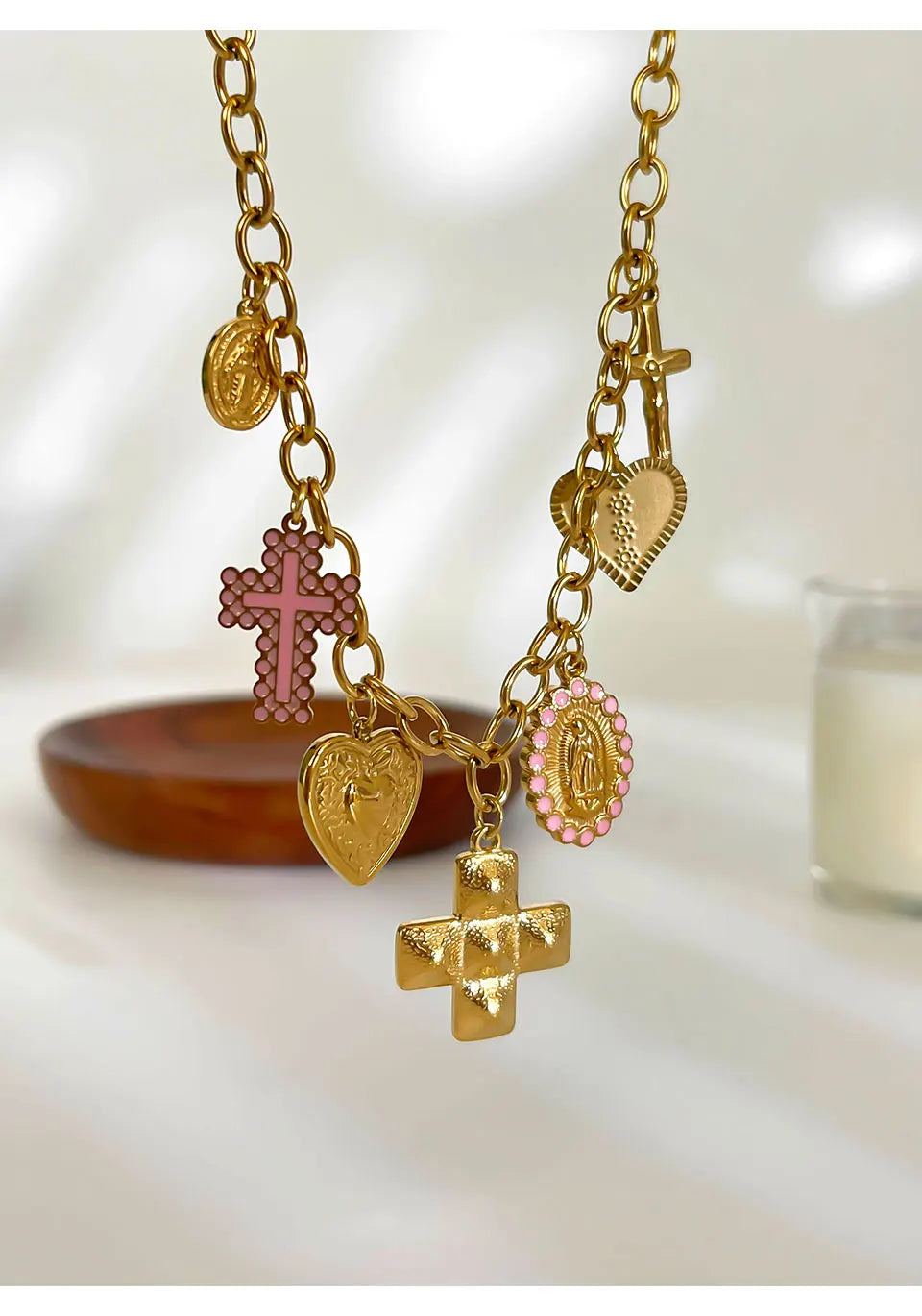 Peri'sbox Anti-Tarnish Fashion 18K Gold Plated Cross Heart Oval Pendant Necklace Creative Design Stainless Steel Women's Jewelry