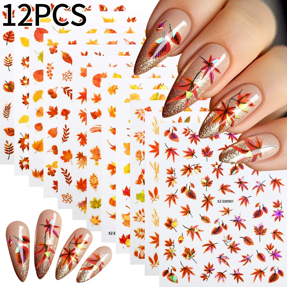 12Pcs Fall Maple Leaf Nail Decals Holographic Laser Maple Leaves Nail Art Sticker Self-Adhesive Thanksgiving Day Nail Decoration