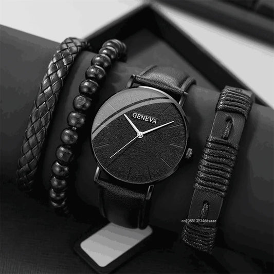 4pcs Men Watch Set with Bracelet Jewelry Business Quartz Watch Casual Bracelet Watch Set Men Sports Trend Wristwatches