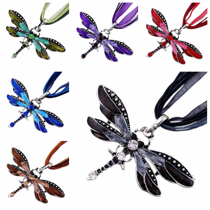 Fashion Crystal Dragonfly Pendant Necklaces for Women Vintage Insect Multi Layers Rope Necklace Jewelry Thanksgiving Gift