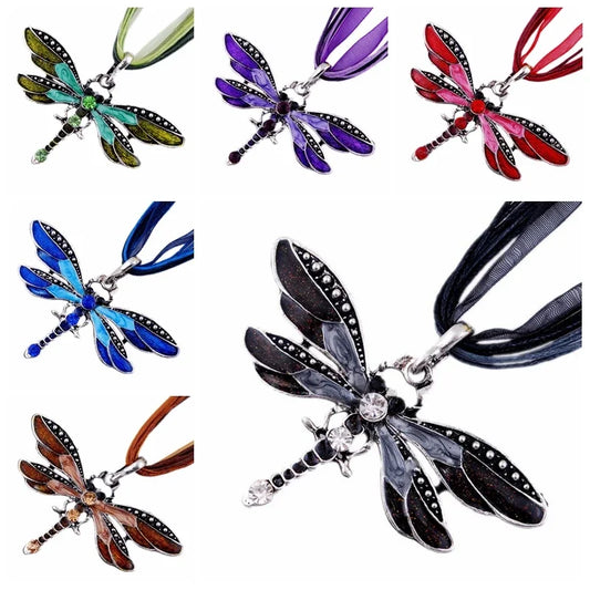 Fashion Crystal Dragonfly Pendant Necklaces for Women Vintage Insect Multi Layers Rope Necklace Jewelry Thanksgiving Gift