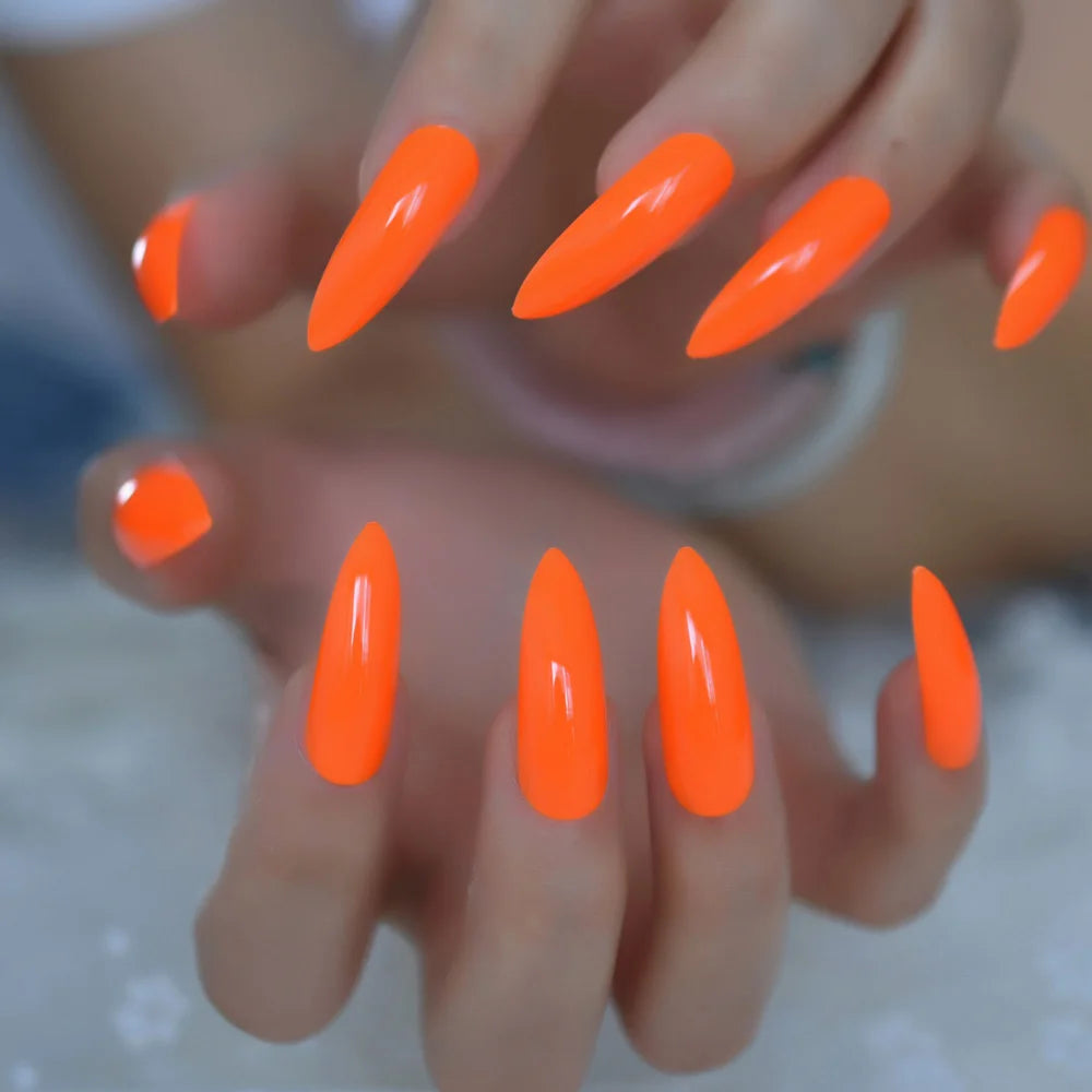 Neon Fake Nails Extremely Long Bright Orange Shiny Press On Nail Carnival Style Decoraion Manicure Tips Salon Nails 24
