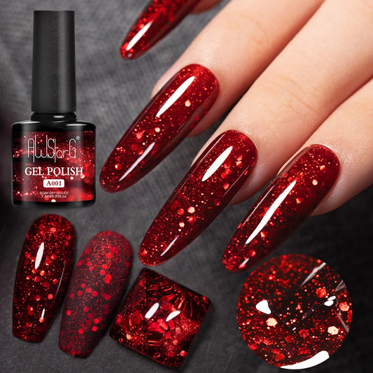 7.5ml Red Glitter Gel Nail Polish Crystal Semi Permanent Soak Off UV Gel Varnish Nail Art Manicure Base Matte Top Coat Vernis