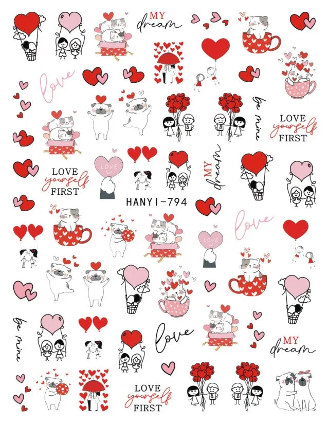 3d Pink Hearts Balloon Valentine Day Love Letters Nail Art Stickers Adhesive Sliders Nail Decals Decoration Manicure Accessories