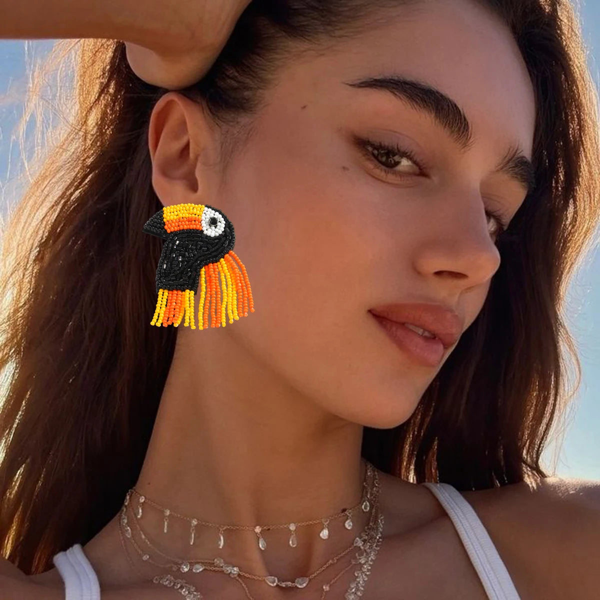 ZAA Exaggerated Rice Beads Bird Dangle Earrings For Women Bohemia Handmade Beaded Tassel Charm Earrings Orange Halloween Jewelry