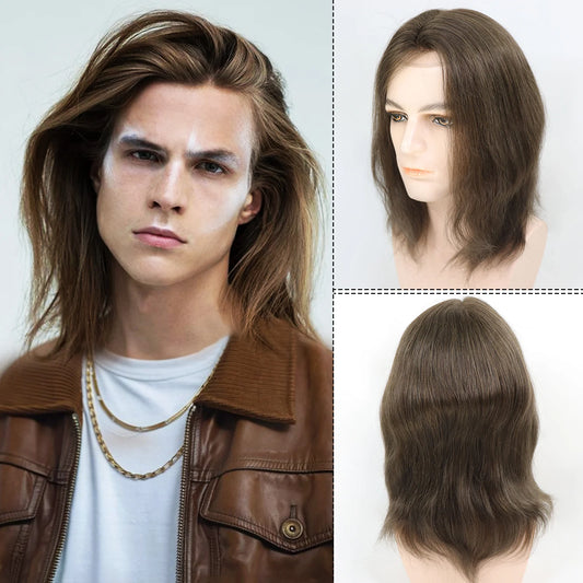 BIO /Full Skin PU Human Hair Men Toupee Blonde Colored 13" Long Straight Human Hair Wigs For Men Replacement Systems Hair Piece