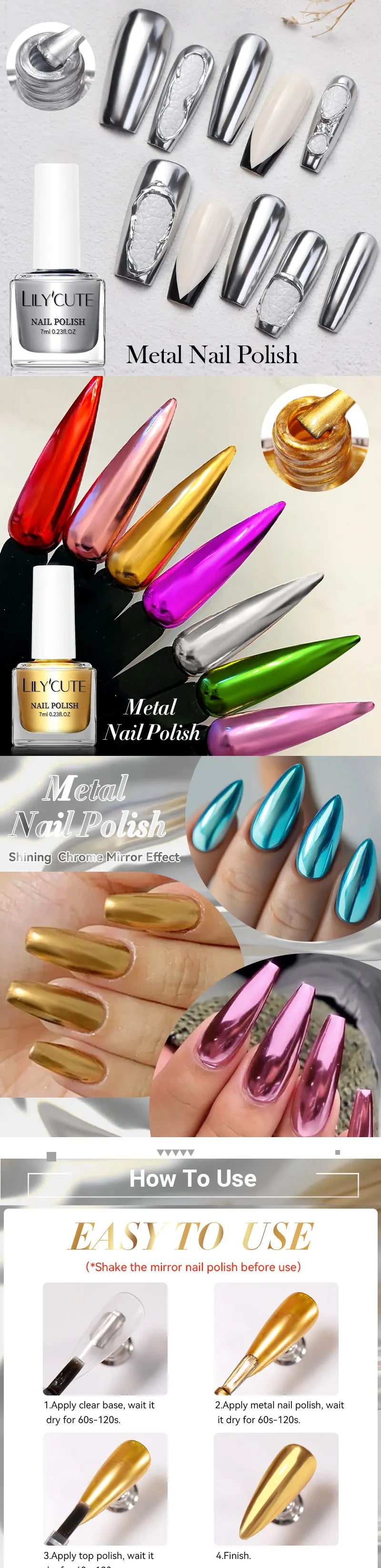 LILYCUTE 7ML Bright Gold Metallic Nail Polish No Need Lamp Quick Dry French Style Glass Bottle Manicure Nail Art Varnish