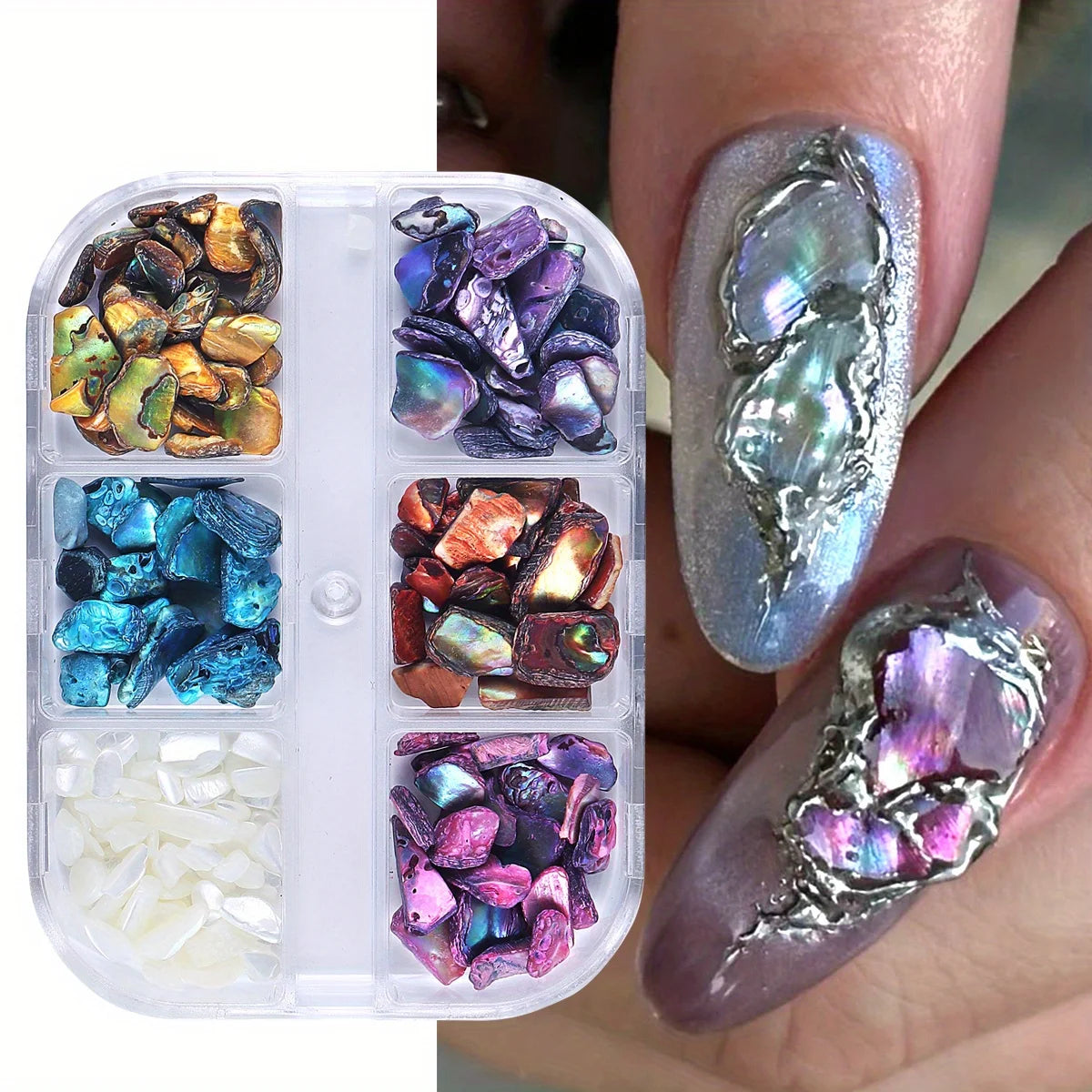 6Grids Natural Abalone Stone Nail Decoration Aurora Shell Pearl Effect Irregular Gemstone Luxury Retro Style Jewelry Accessories