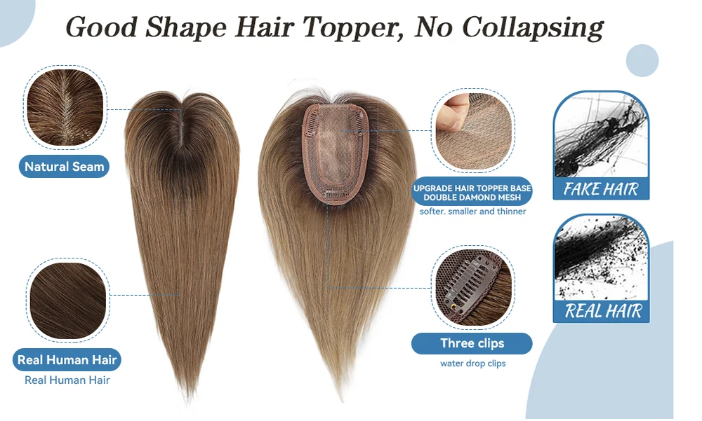 100% Remy Human Hair Toppers for Women Straight Brown Ombre 10inch Human Hair Topper with Bangs Silk Base Clip in Hair Extension