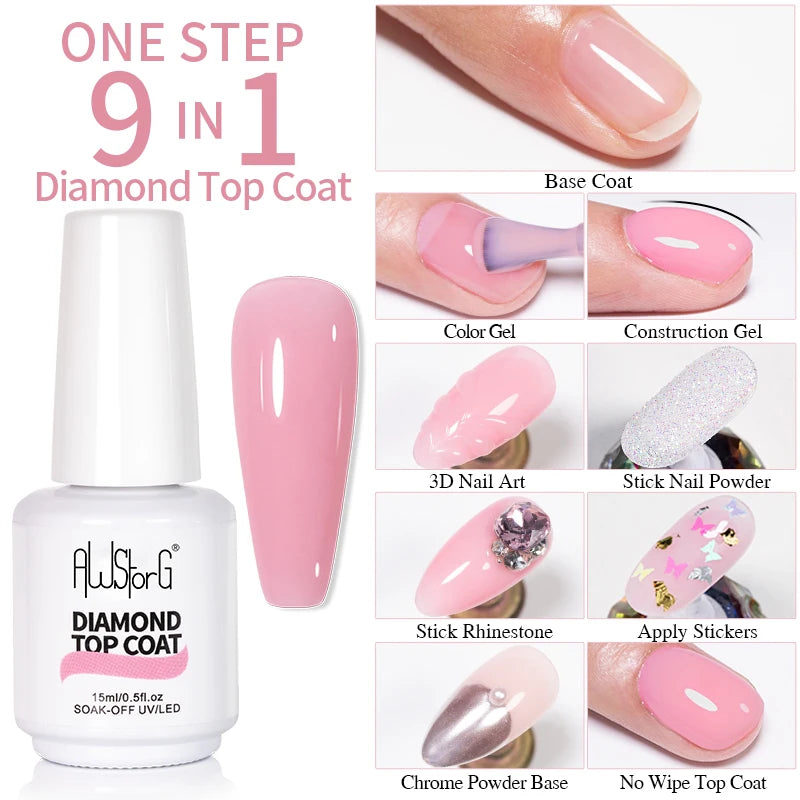 NEW Stain Resistant Gel Top Coat Gel Nail Polish UV Diamond Topcoat No Wipe Sealer Gel Finish Manicure Nail Art Salon Quality